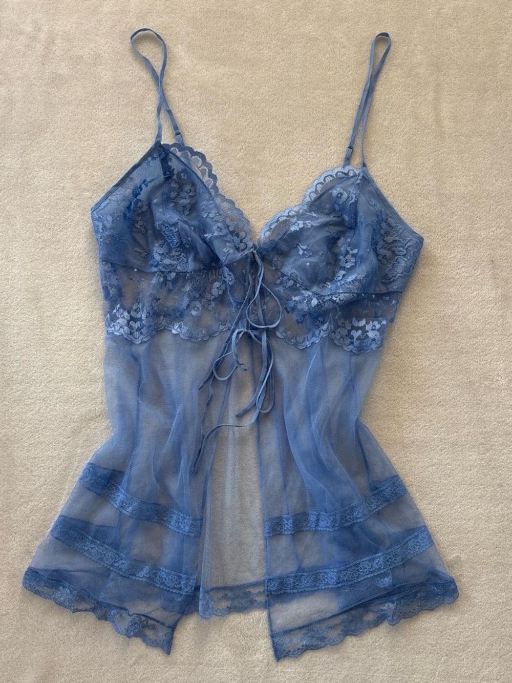 Y2K Victoria's Secret Blue Lace Floral Sheer Babydoll Fly Away Lingerie Cami Med